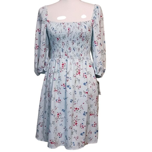 NEW Bar III Womens Smocked Short Fit &‎ Flare Dress Aqua Floral Multi Size S - Picture 5 of 13